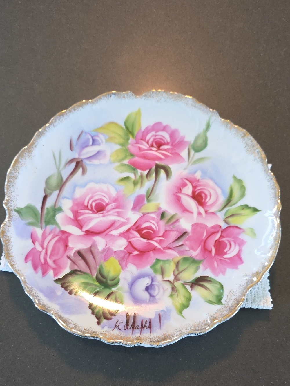 Vintage Hand-Painted Pink Rose Porcelain Plate with Gold Trim